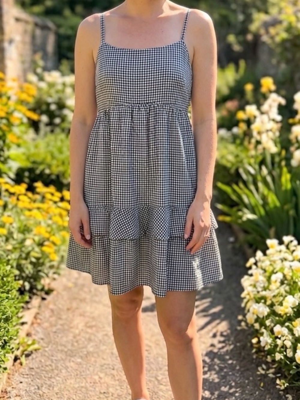 SO Black White Gingham Plaid Ruffle Tiered Mini Sun Dress Rayon Cottagecore Sz M